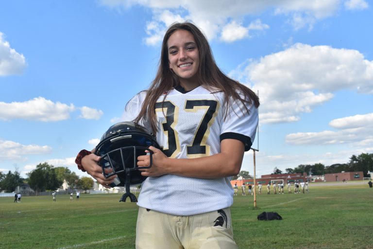 No Limits: Future D-I soccer player Angelina Schilling is an ambidextrous kicker for Deptford football