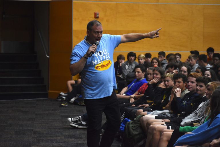 Bobby Petrocelli shares his message of hope in the face of tragedy with Moorestown High School students