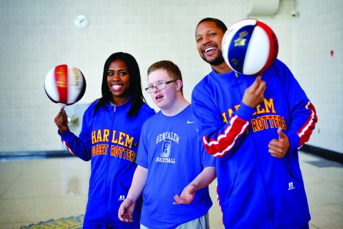 Kevin Grow (center)– Bensalem senior-with TNT Maddox (left) and Handles Franklin (right) at an assembly with the Harlem Globetrotters. Kevin was awarded with the team’s “Junior Phenom Award” on Feb. 10, after he made four three pointers in under two minutes of Bensalem’s second to last game of the season., Wednesday, March 5, 2014, Philadelphia, Pa. (Maria Pouchnikova)