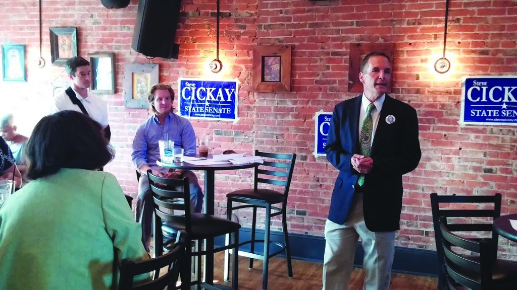 JACK FIRNENO / WIRE PHOTO 10th state Senate district candidate Steve Cickay spoke at a fundraiser in Doylestown last Thursday. Despite pressure to bow out of the race, he’s committed to challenging inumbent Chuck McIlhinney in November.html-charsetutf-8