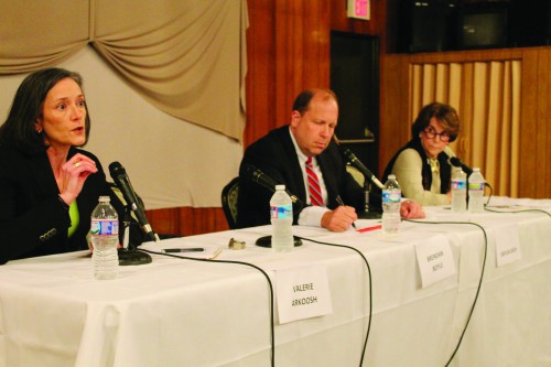 (From left) Dr. Valerie Arkoosh, state Sen. Daylin Leach and Marjorie Margolies attended a public debate on April 29 at the Portuguese Club in Northeast Philadelphia. State Rep. Brendan Boyle did not attend the event.html-charsetutf-8