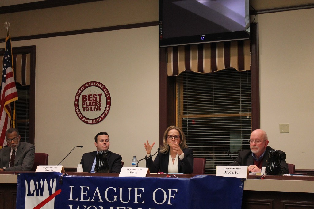 MATT SCHICKLING / WIRE PHOTO State Rep. Madeline Dean speaks to the audience at the Abington Township Building. 