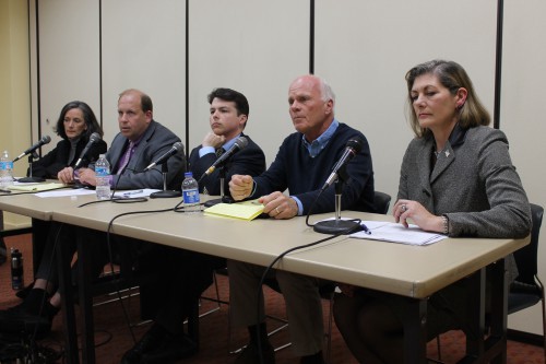 From left, Dr. Valerie Arkoosh, state Sen. Daylin Leach state Rep. Brendan Boyle and Republican candidates Dee Adcock and Beverly Plosa-Bowser participated in a bipartisan forum hosted by Democracy Unplugged at the Abington Free Library on April 16.html-charsetutf-8