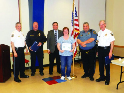 COURTESY HORSHAM POLICE DEPARTMENT / Pictured are (from left) Chief William Daly, Sgt. Pete VanDolsen, Horsham Township Official Andy Santacroce, Citizens Police Graduate Bonnie Grassey, Officer Mike Peter, Lieutenant Jon Clark